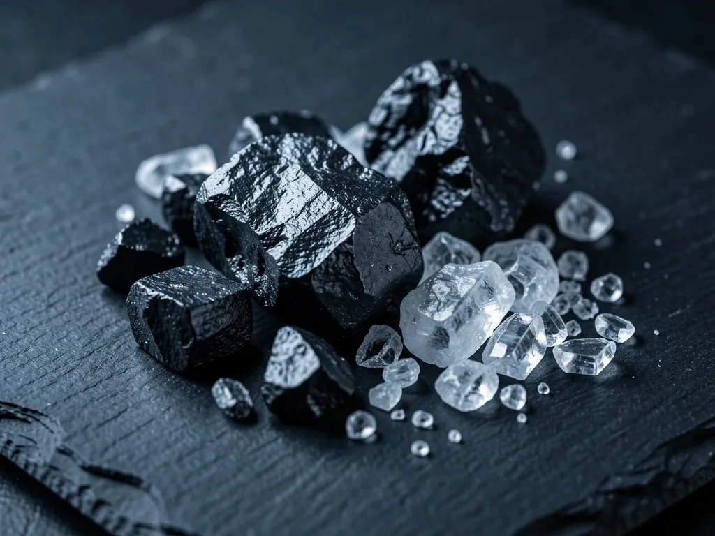 Mineral crystals on a dark slate surface