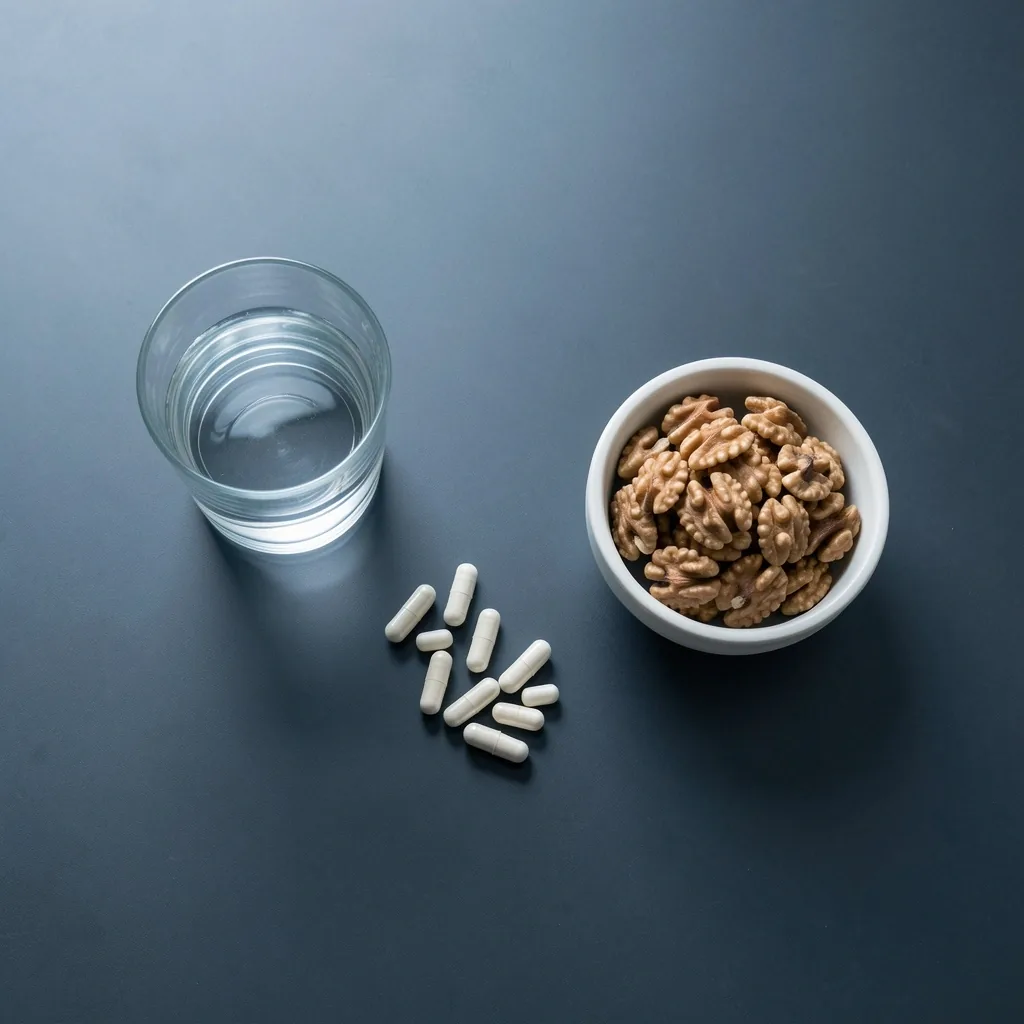 Workspace with water, supplements, and walnuts on a dark desk